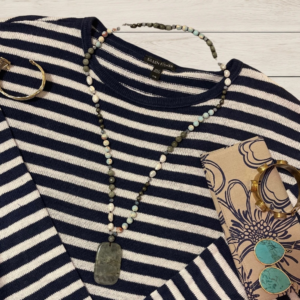 Eileen Fisher Striped Navy & White Sweater Linen Sz L Classic Fisherman Preppy